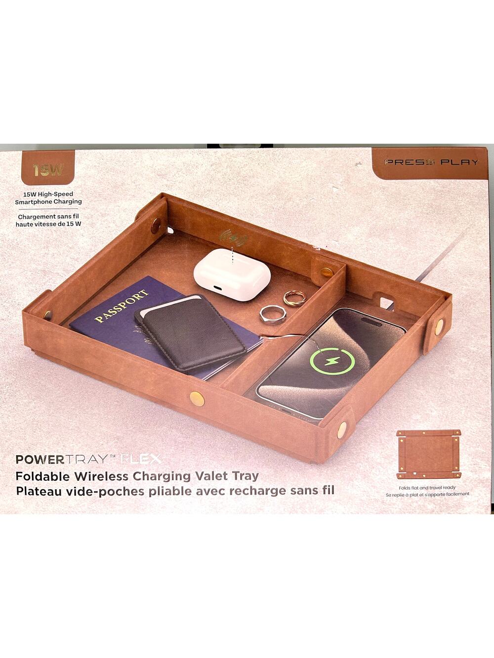 Press Play Foldable Wireless Charging Pad And Valet Tray Brown Vegan Leather